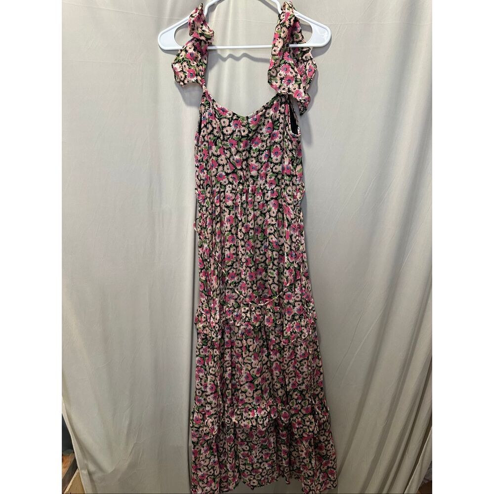 Banjanan Floral Cotton Midi Dress Small Pink Black Ruffle Strap Tiered - Picture 4 of 7
